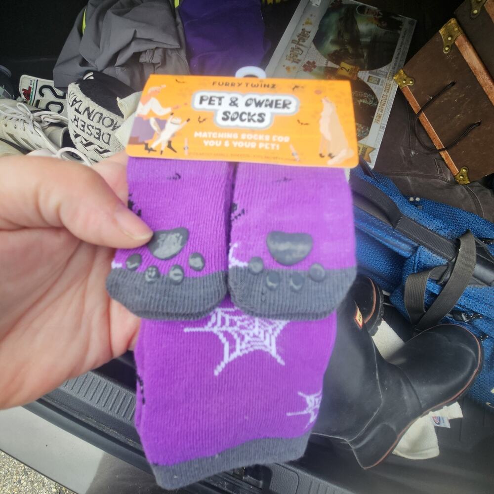 Furry Twinz Pet Owner Matching Socks Purple Halloween Spider Web New